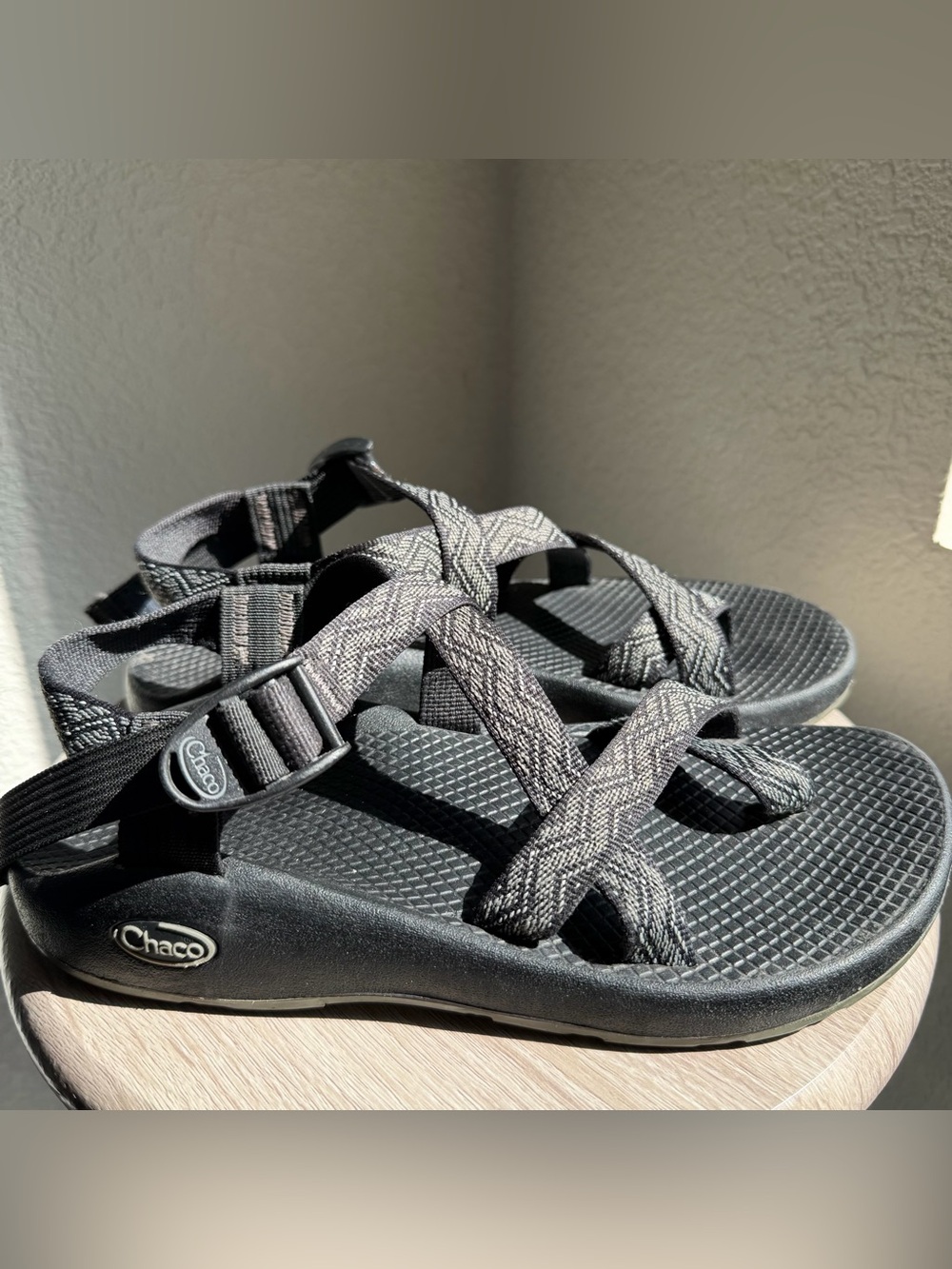 Chaco Black and Gray Patterned Webbing Sandals